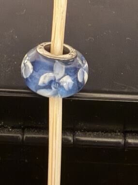 PANDORA Sterling Silver White Flower on Blue Murano Glass Charm Bead
